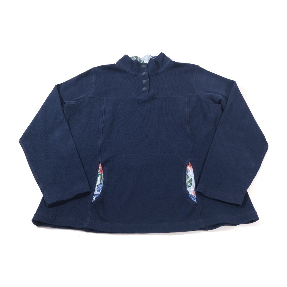 Tommy Bahama Pullover Women L Navy Blue Fleece Mock Neck Snap Floral Trim Top